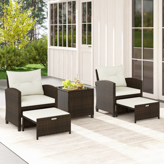 5 Pieces Patio Rattan Furniture with 2 Ottomans and Tempered Glass Coffee Table-Off White