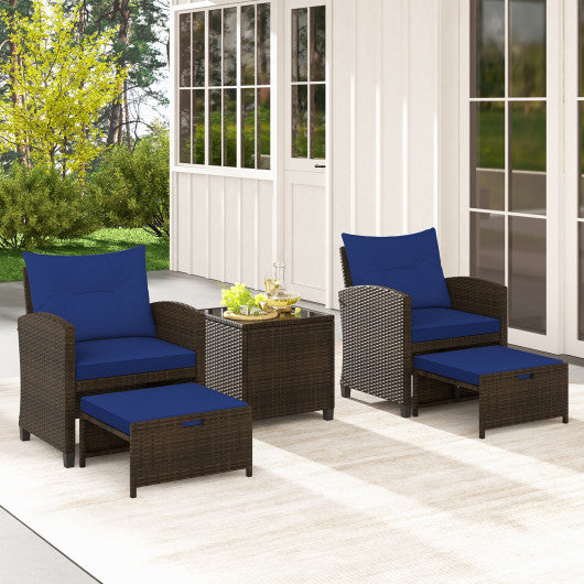 5 Pieces Patio Rattan Furniture with 2 Ottomans and Tempered Glass Coffee Table-Navy