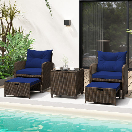 5 Pieces Patio Rattan Furniture with 2 Ottomans and Tempered Glass Coffee Table-Navy