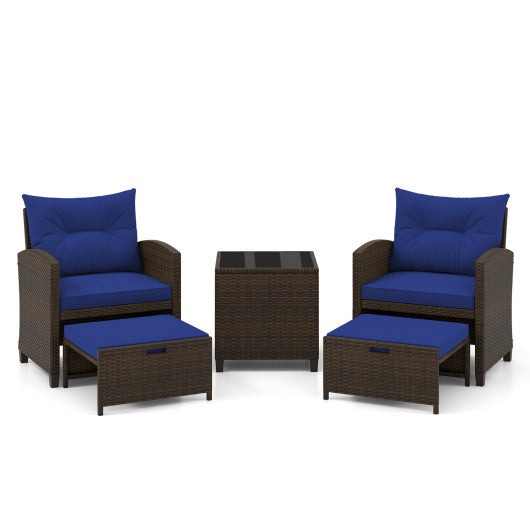 5 Pieces Patio Rattan Furniture with 2 Ottomans and Tempered Glass Coffee Table-Navy