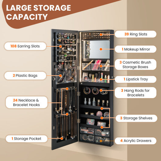 Wall Mounted Jewelry Cabinet with 3-Color Lights-Black