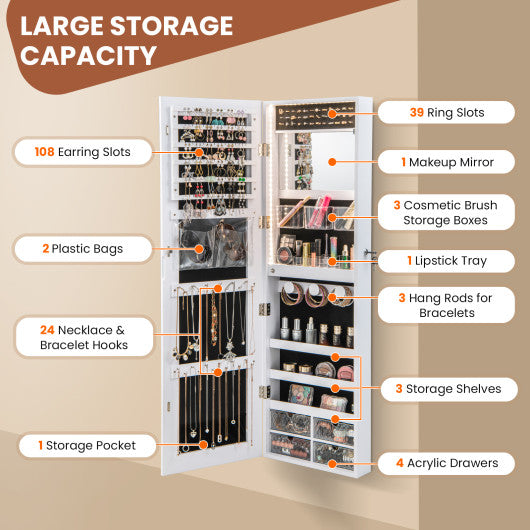 Wall Mounted Jewelry Cabinet with 3-Color Lights-White