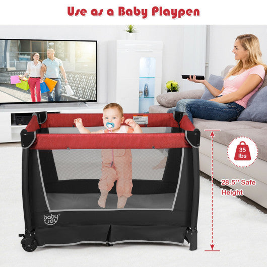 4-in-1 Convertible Portable Baby Play yard with Toys and Music Player-Red