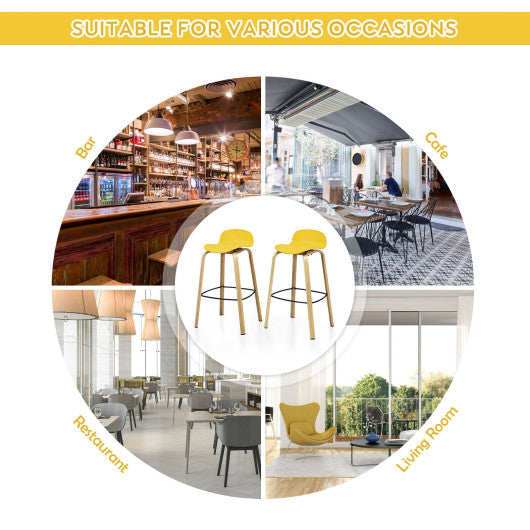 Set of 2 Modern Barstools Pub Chairs with Low Back and Metal Legs-Yellow