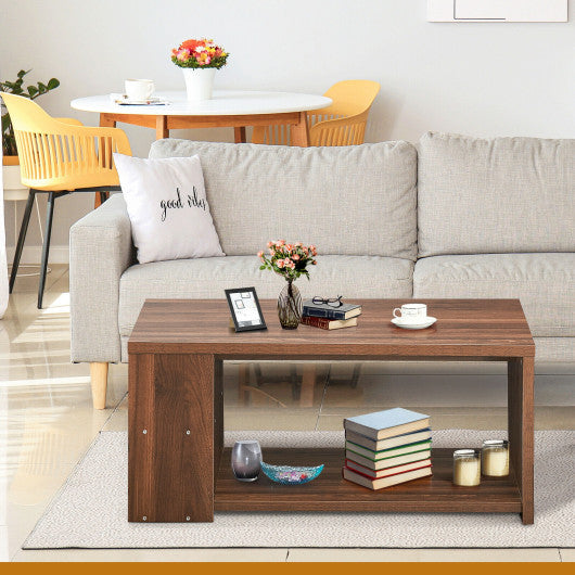 Coffee Table Sofa Side Table with Storage Shelves -Walnut