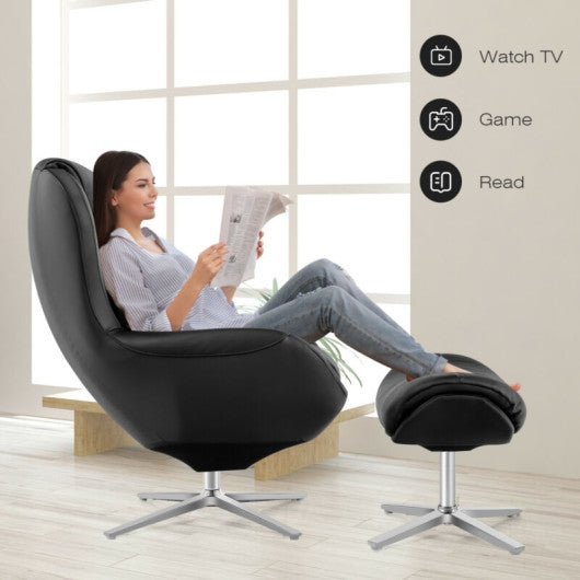 360°  Swivel Leather Lounge Chair with Ottoman and Aluminum Alloy Base-Black
