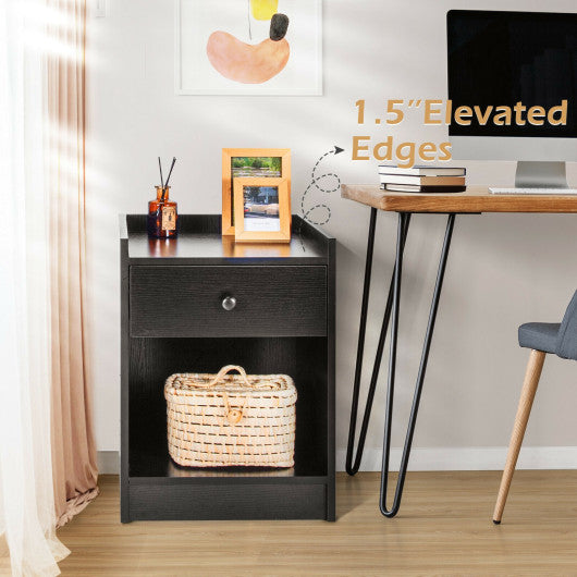 Set of 2 Nightstand with Drawer Cabinet End Side Table Raised Top-Black
