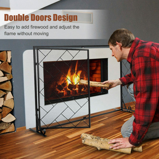 2-Panel Fireplace Screen Folding Metal Fire Place Safety Fence with Magnetic Doors-Black