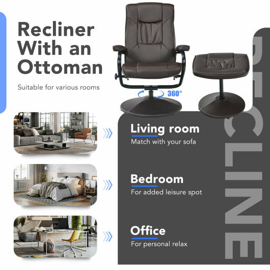 360° PVC Leather Swivel Recliner Chair with Ottoman-Brown