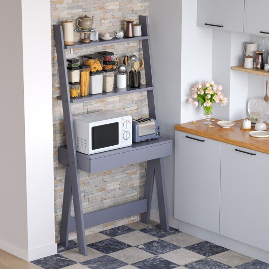 Ladder Shelf Desk Bookcase with Countertop Drawer and 2 Shelves-Gray