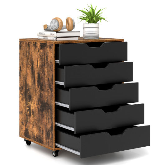 5 Drawer Mobile Lateral Filing Storage Home Office Floor Cabinet with Wheels-Rustic Brown