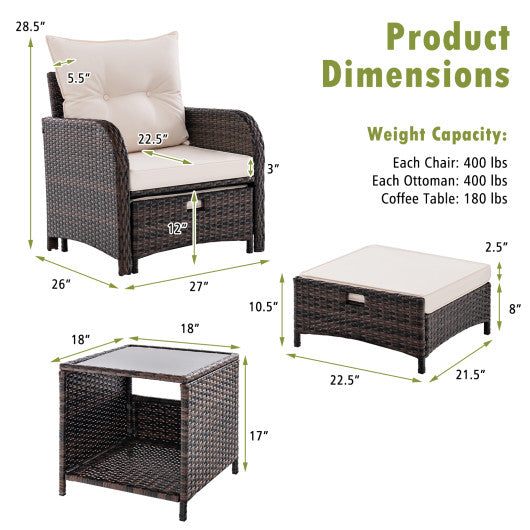 5 Piece Patio Conversation Set Outdoor Rattan Sofa Set with Coffee Table-Beige