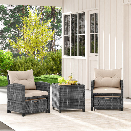 5 Piece Patio Rattan Furniture with 2 Ottomans and Tempered Glass Coffee Table-Beige