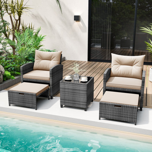 5 Piece Patio Rattan Furniture with 2 Ottomans and Tempered Glass Coffee Table-Beige