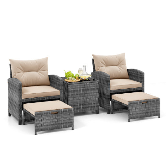 5 Piece Patio Rattan Furniture with 2 Ottomans and Tempered Glass Coffee Table-Beige