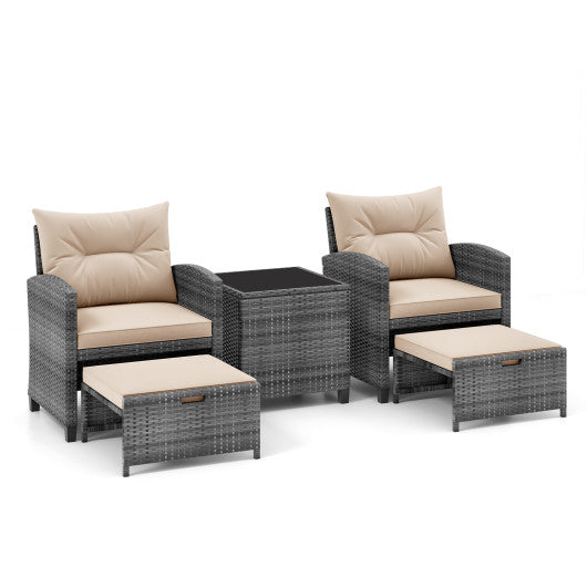 5 Piece Patio Rattan Furniture with 2 Ottomans and Tempered Glass Coffee Table-Beige