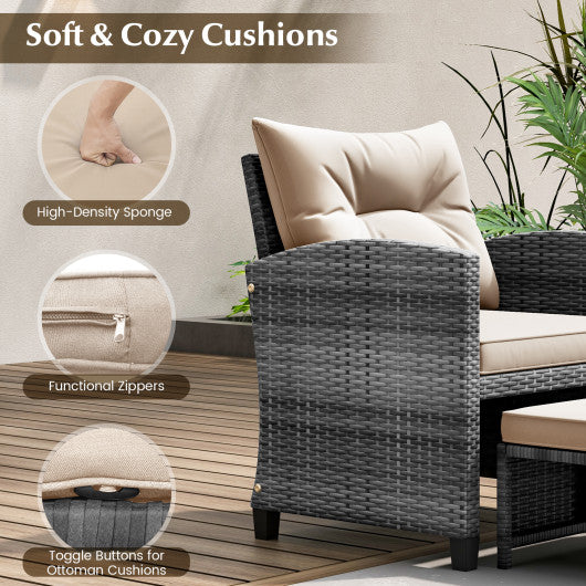 5 Piece Patio Rattan Furniture with 2 Ottomans and Tempered Glass Coffee Table-Beige