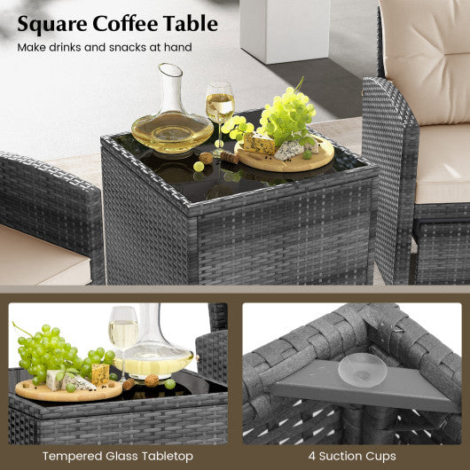 5 Piece Patio Rattan Furniture with 2 Ottomans and Tempered Glass Coffee Table-Beige