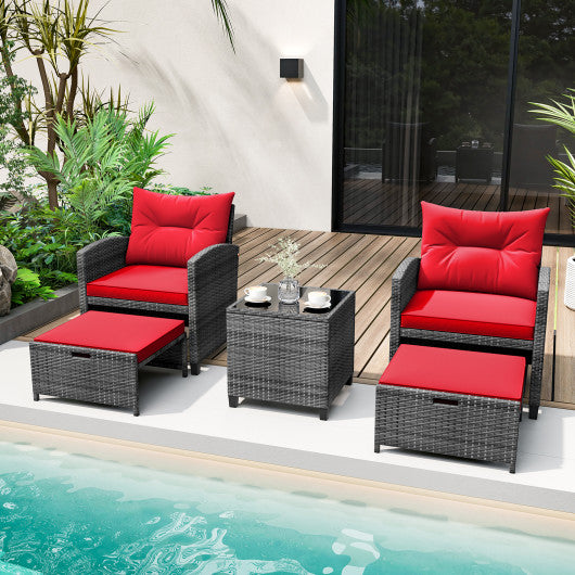 5 Piece Patio Rattan Furniture with 2 Ottomans and Tempered Glass Coffee Table-Red