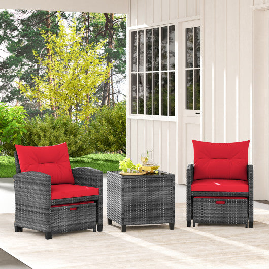 5 Piece Patio Rattan Furniture with 2 Ottomans and Tempered Glass Coffee Table-Red