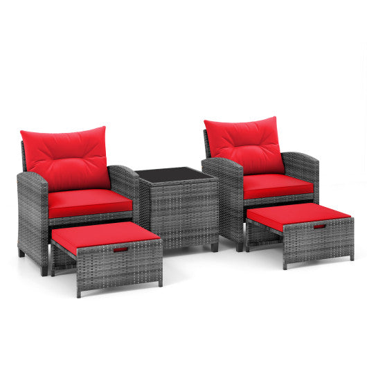 5 Piece Patio Rattan Furniture with 2 Ottomans and Tempered Glass Coffee Table-Red