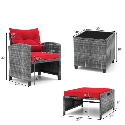 5 Piece Patio Rattan Furniture with 2 Ottomans and Tempered Glass Coffee Table-Red