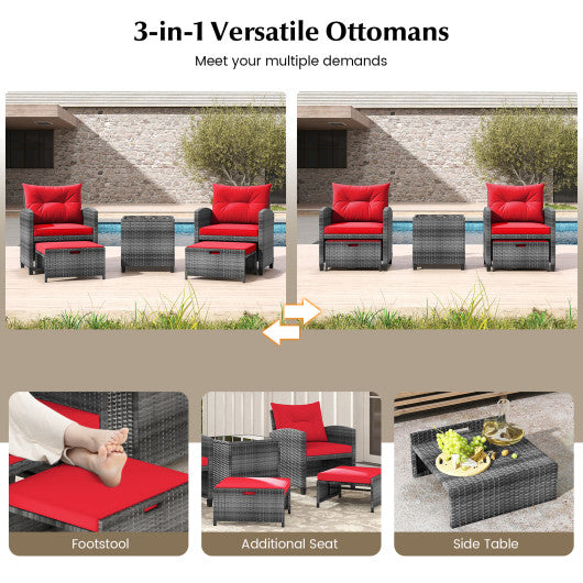5 Piece Patio Rattan Furniture with 2 Ottomans and Tempered Glass Coffee Table-Red