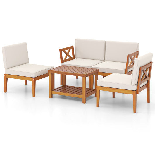 5 Pieces Acacia Wood Patio Furniture Set Outdoor Sectional Conversation Set with Cushions-Off White