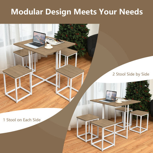 5 Pieces Metal Frame Dining Set with Compact Dining Table and 4 Stools-Natural