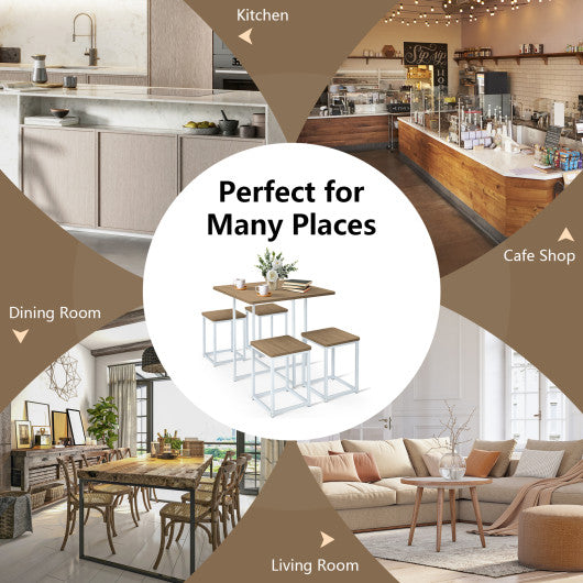 5 Pieces Metal Frame Dining Set with Compact Dining Table and 4 Stools-Natural