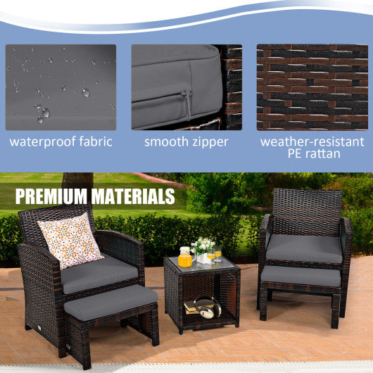 5 Pieces Patio Rattan Furniture Set with Ottoman and Tempered Glass Coffee Table-Gray