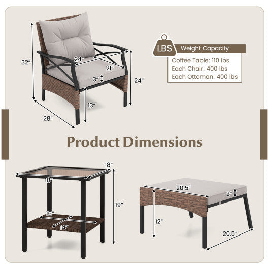 5 Pieces Wicker Patio Furniture Set Ottomans and Cushions and 2-Tier Tempered Glass Side Table-Brown