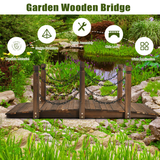 5 Feet Wooden Garden Bridge Arc Footbridge Stained Finish Walkway with Safety Rails