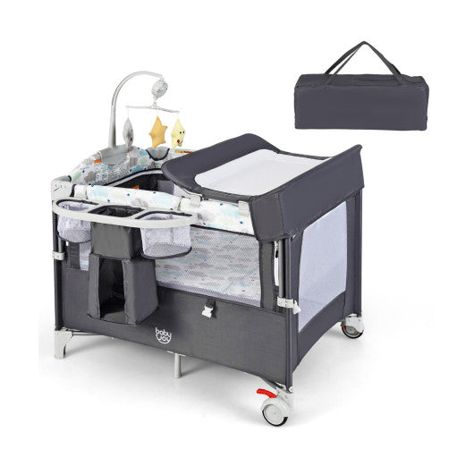 5-in-1 Portable Baby Beside Sleeper Bassinet Crib Playard with Diaper Changer-Gray