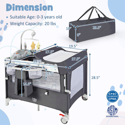 5-in-1 Portable Baby Beside Sleeper Bassinet Crib Playard with Diaper Changer-Gray