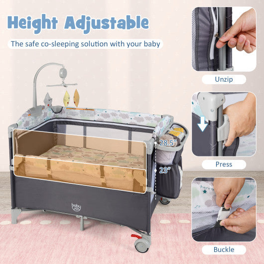 5-in-1 Portable Baby Beside Sleeper Bassinet Crib Playard with Diaper Changer-Gray