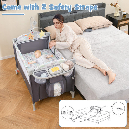 5-in-1 Portable Baby Beside Sleeper Bassinet Crib Playard with Diaper Changer-Gray