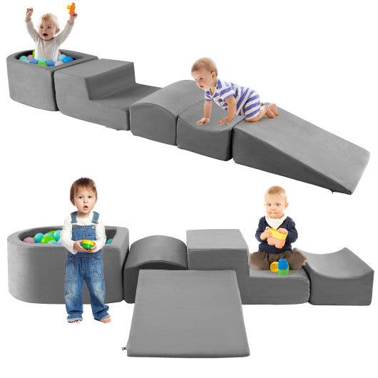 5-Piece Climb and Crawl Playset with Ball Pit for Kids-Gray