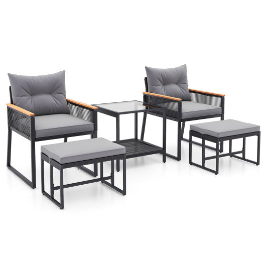 5 Piece Outdoor Rattan Conversation Set with 2-Layer Side Table and 2 Ottomans-Gray