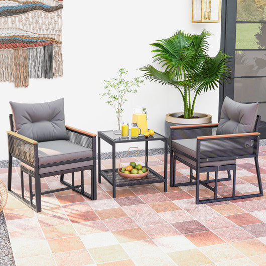 5 Piece Outdoor Rattan Conversation Set with 2-Layer Side Table and 2 Ottomans-Gray