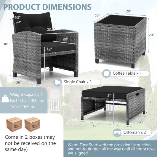 5 Piece Patio Rattan Furniture with 2 Ottomans and Tempered Glass Coffee Table-Black