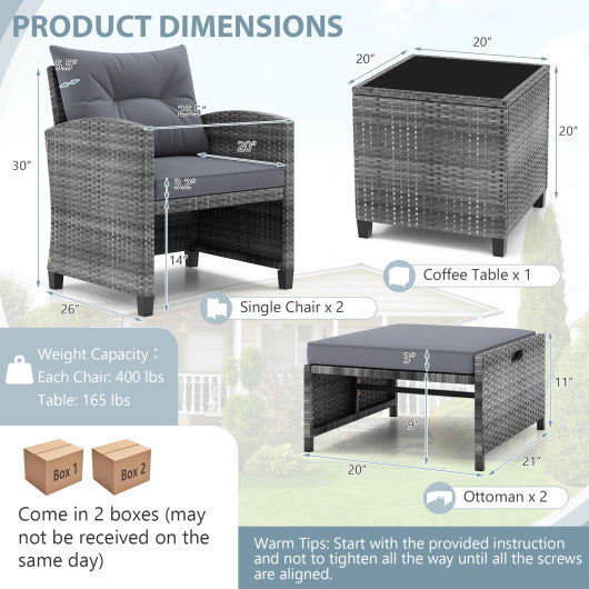 5 Piece Patio Rattan Furniture with 2 Ottomans and Tempered Glass Coffee Table-Gray