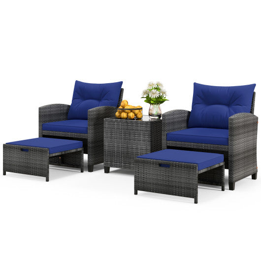 5 Piece Patio Rattan Furniture with 2 Ottomans and Tempered Glass Coffee Table-Navy