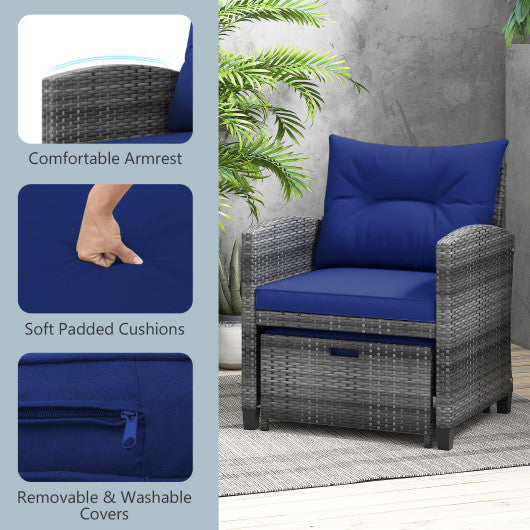 5 Piece Patio Rattan Furniture with 2 Ottomans and Tempered Glass Coffee Table-Navy