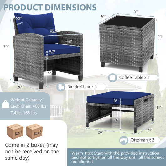 5 Piece Patio Rattan Furniture with 2 Ottomans and Tempered Glass Coffee Table-Navy