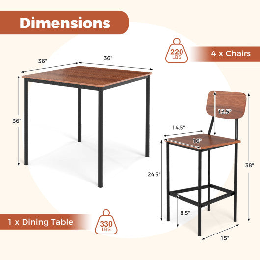 5 Pieces Industrial Dining Table Set with Counter Height Table and 4 Bar Stools-Dark Brown