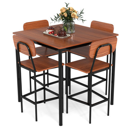 5 Pieces Industrial Dining Table Set with Counter Height Table and 4 Bar Stools-Dark Brown