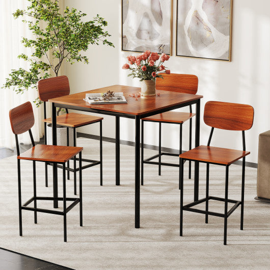 5 Pieces Industrial Dining Table Set with Counter Height Table and 4 Bar Stools-Dark Brown