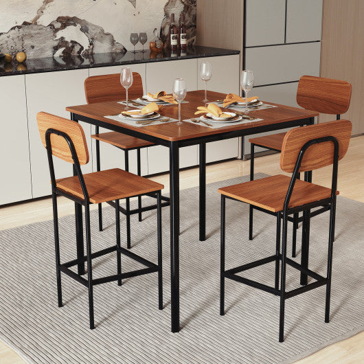 5 Pieces Industrial Dining Table Set with Counter Height Table and 4 Bar Stools-Dark Brown