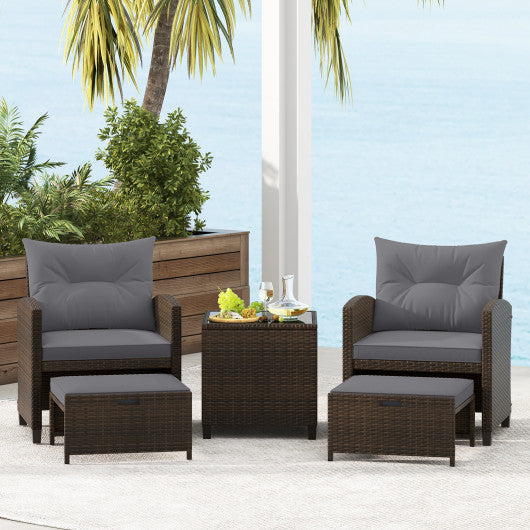 5 Pieces Patio Rattan Furniture with 2 Ottomans and Tempered Glass Coffee Table-Gray